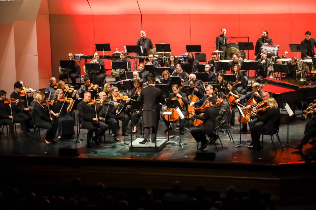 An orchestrator performing in a musical